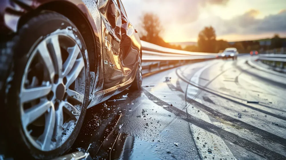 A damaged car on a wet road