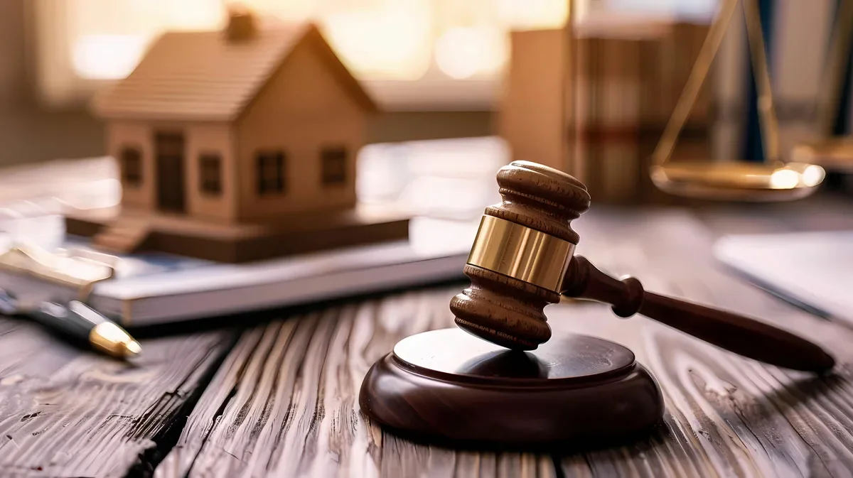 A gavel, model house, and scales on a desk